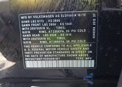 2013 Volkswagen Touareg Vr6 Sport from USA, damaged, VIN WVGEF9BP7DD008187